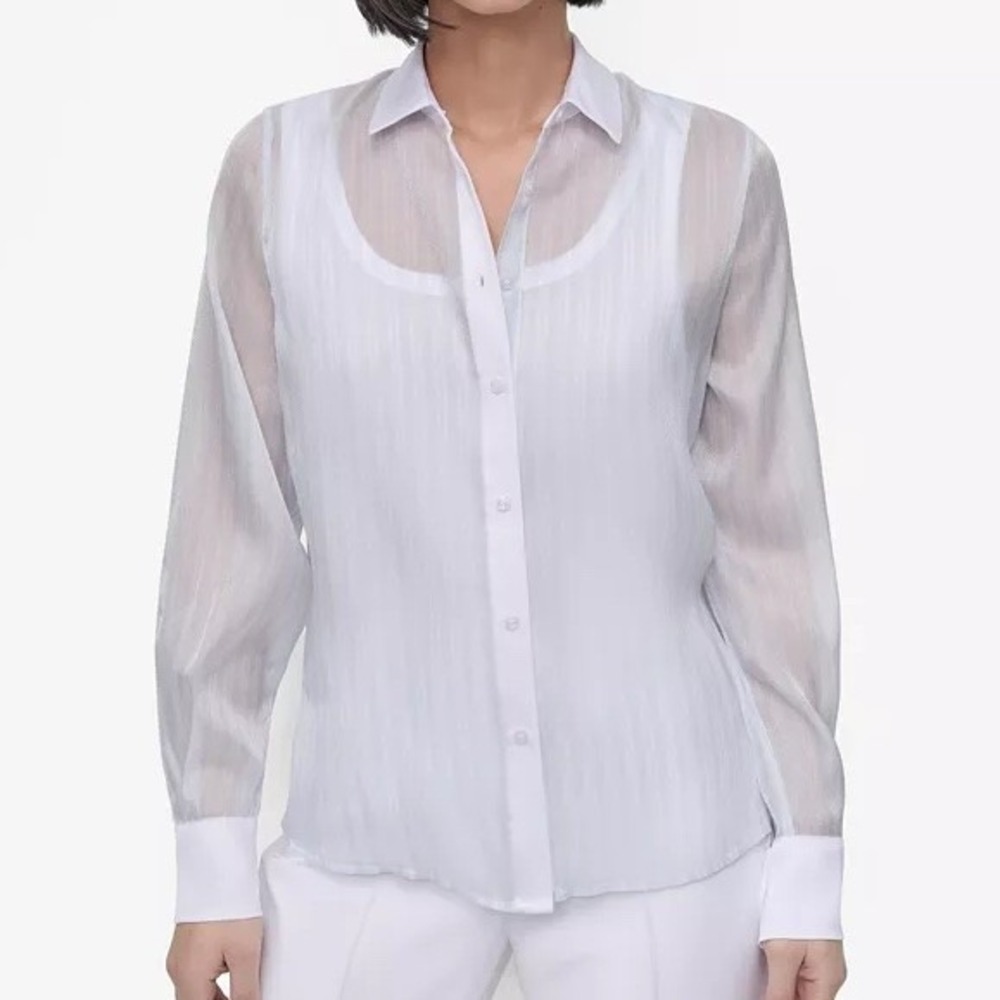 DKNY Striped Shirt Button Up Sheer Chiffon Lined Collared Long Sleeve Womens L